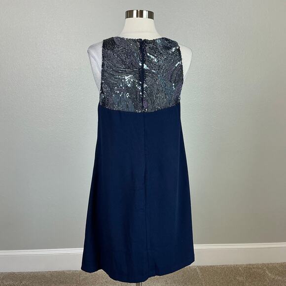 Aidan Mattox Beaded Sleeveless Shift Cocktail Dress Blue Size 6 Round Neck Mini - Picture 2 of 13